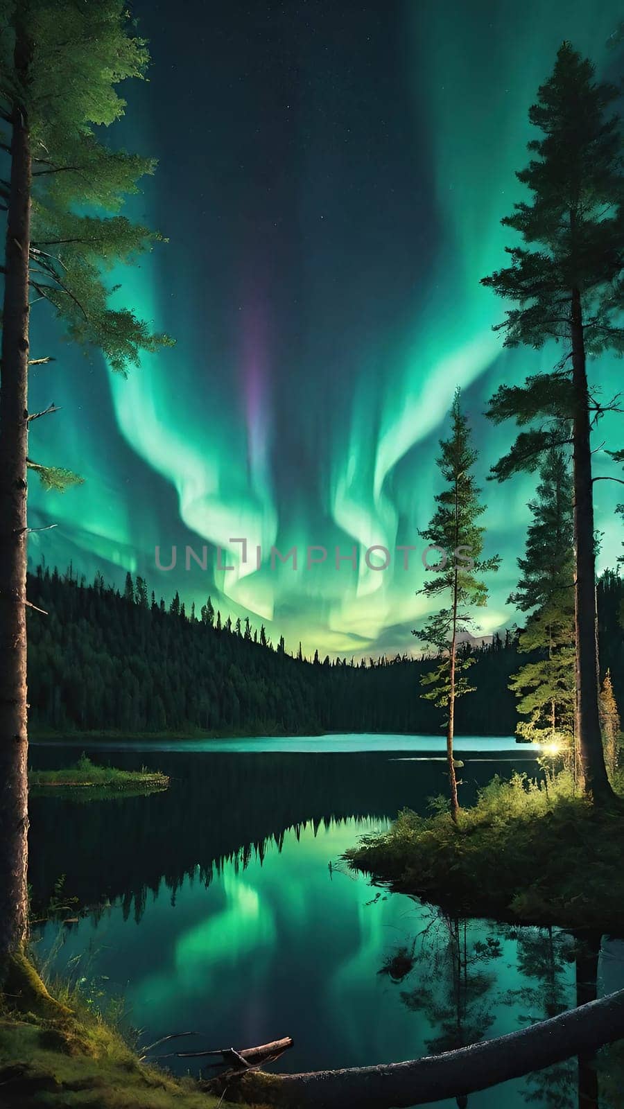 Aurora borealis, northern lights over lake and forest. by yilmazsavaskandag