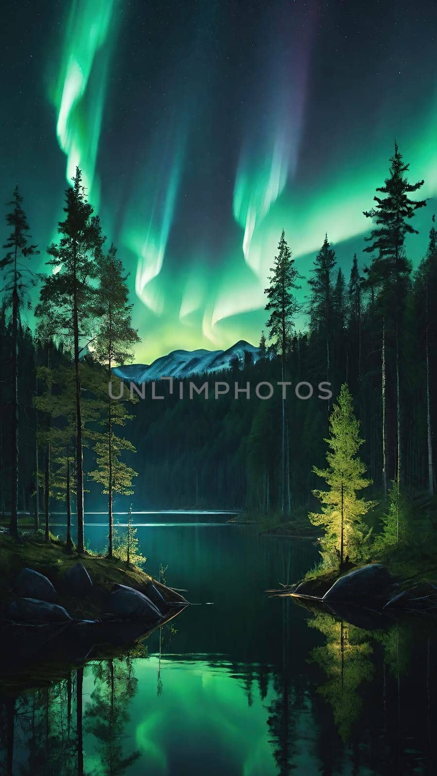 Aurora borealis, northern lights over lake and forest. Nature background and wallpaper.Vertical image.Under the Northern Lights: Enchanting Forest and Lake Scenery in Nature's Embrace