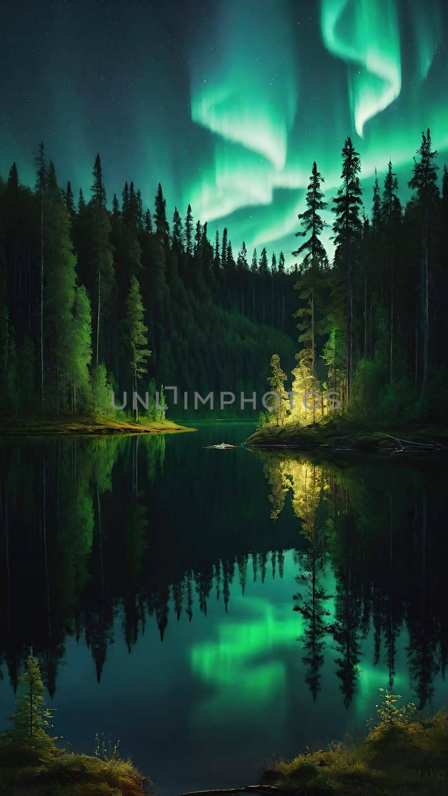 Aurora borealis, northern lights over lake and forest. Nature background and wallpaper.Vertical image.Under the Northern Lights: Enchanting Forest and Lake Scenery in Nature's Embrace