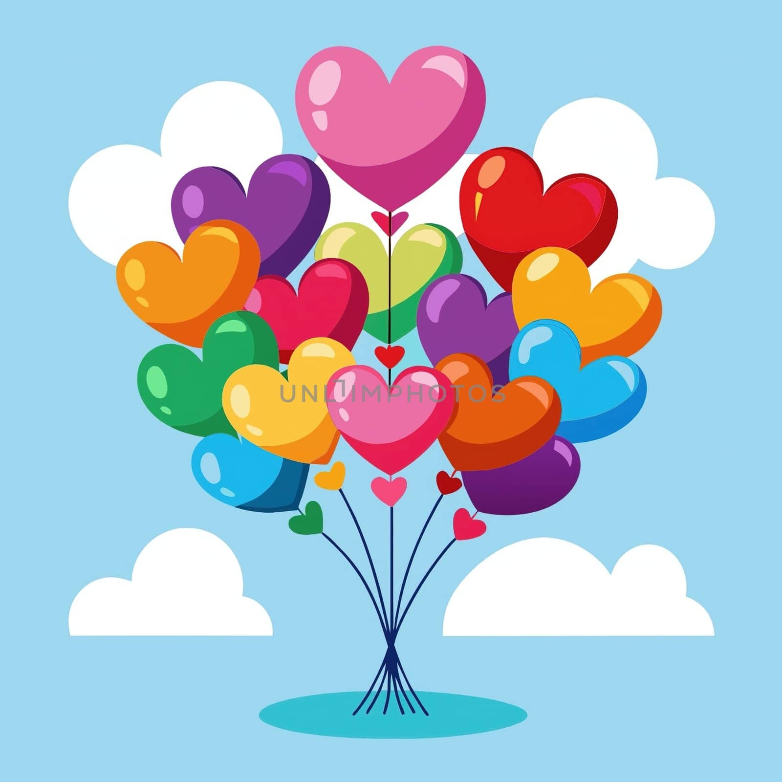 Bouquet of heart balloons on background. Vector illustration.Valentines day background.Balloons in the shape of a heart.Bunch of balloons in the shape of heart.