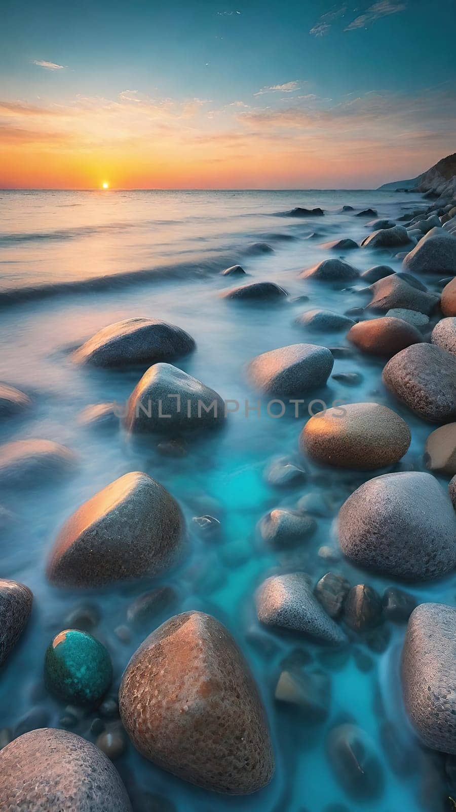 Beautiful seascape with pebbles on the beach at sunset. by yilmazsavaskandag