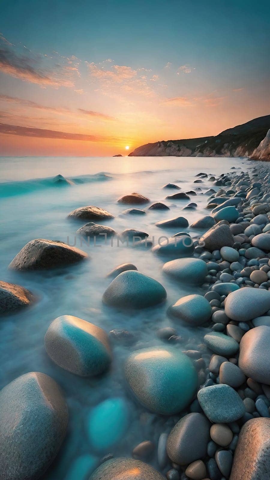 Beautiful seascape at sunset. Composition of nature.Beautiful sunset over the sea. Colorful summer landscape. Long exposure.Beautiful seascape with pebbles on the beach at sunset.