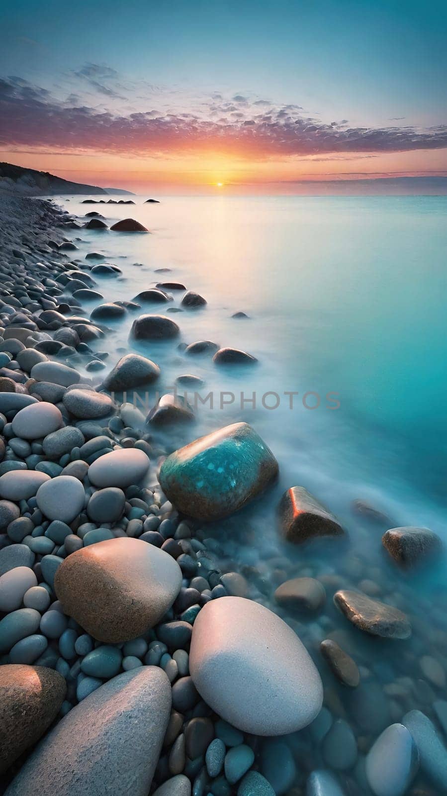 Beautiful seascape with pebbles on the beach at sunset. by yilmazsavaskandag