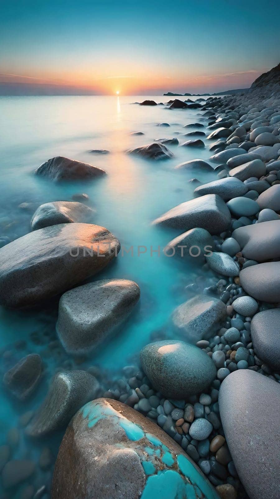 Beautiful seascape at sunset. Composition of nature.Beautiful sunset over the sea. Colorful summer landscape. Long exposure.Beautiful seascape with pebbles on the beach at sunset.