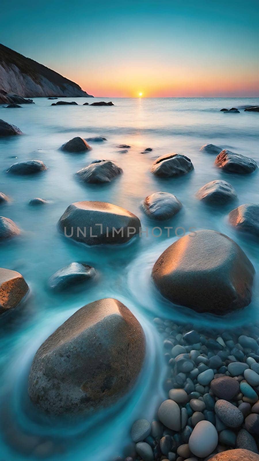 Beautiful seascape at sunset. Composition of nature.Beautiful sunset over the sea. Colorful summer landscape. Long exposure.Beautiful seascape with pebbles on the beach at sunset.