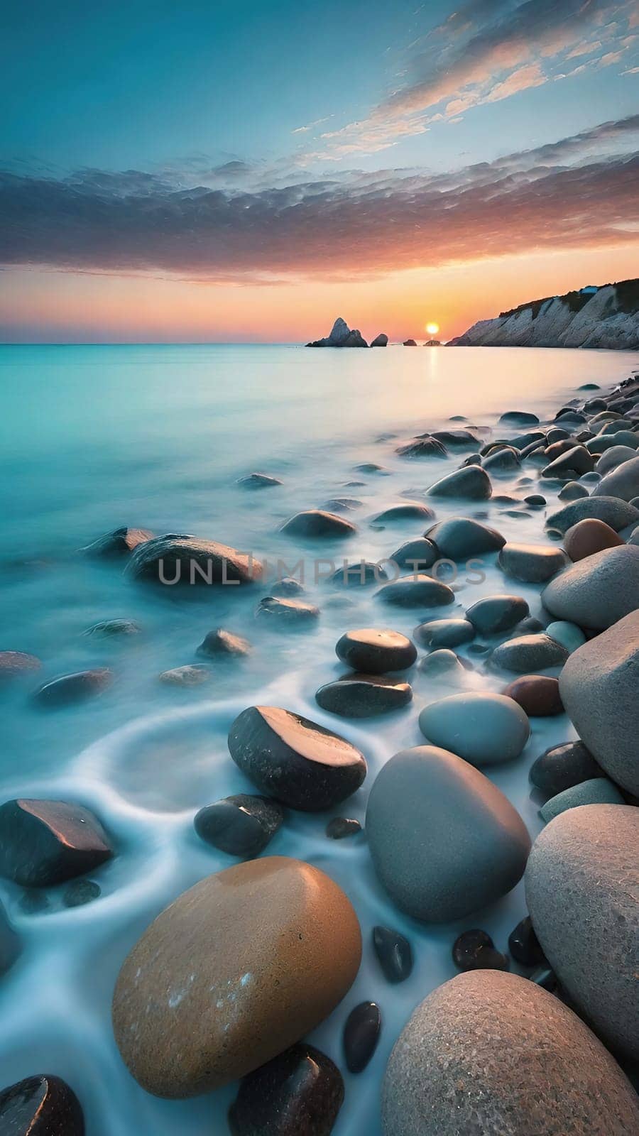 Beautiful seascape at sunset. Composition of nature.Beautiful sunset over the sea. Colorful summer landscape. Long exposure.Beautiful seascape with pebbles on the beach at sunset.