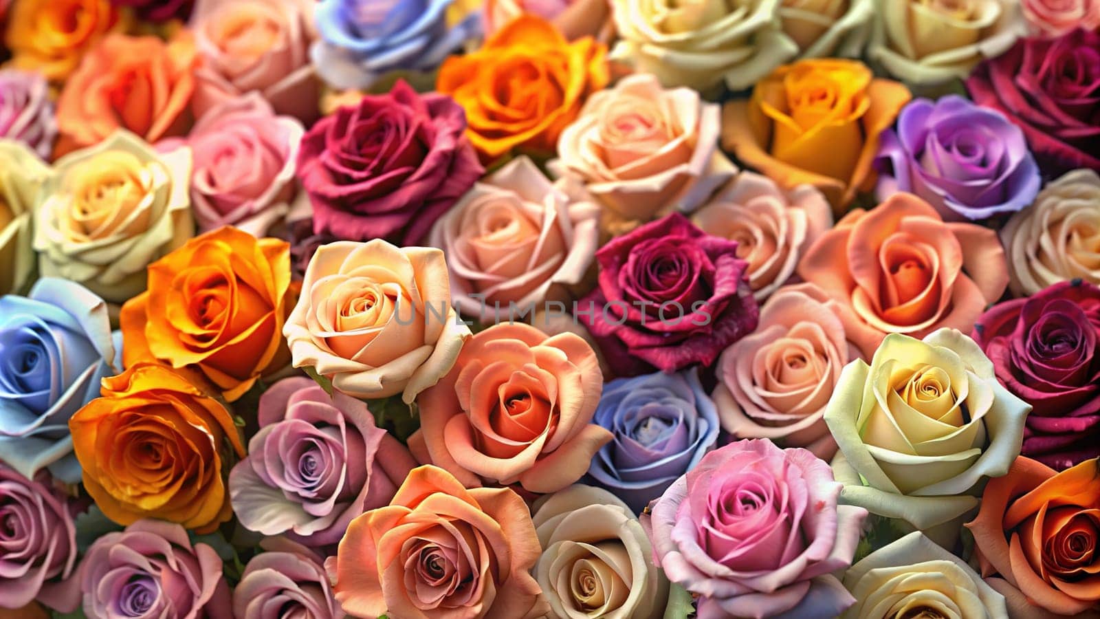 Multicolored roses as a background, top view, close up.Multi-colored roses in a floral arrangement as a background.Bouquet of colorful roses close-up. Floral background.