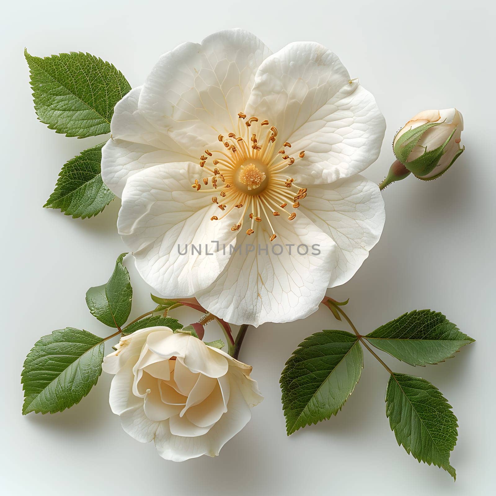 A white blossom with yellow center, green leaves, part of the rose family by Nadtochiy