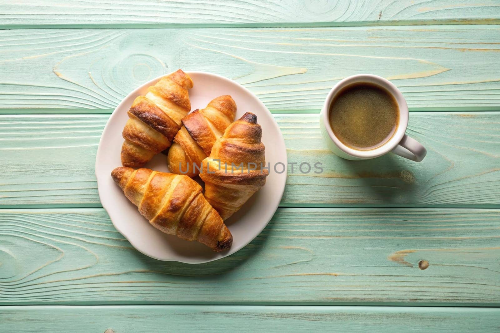 Croissants isolated on plate on pastel colors wooden background with hot coffee drink.Cup of coffee and croissants on background.Freshly baked croissants and cup of coffee.French breakfast.Breakfast concept.