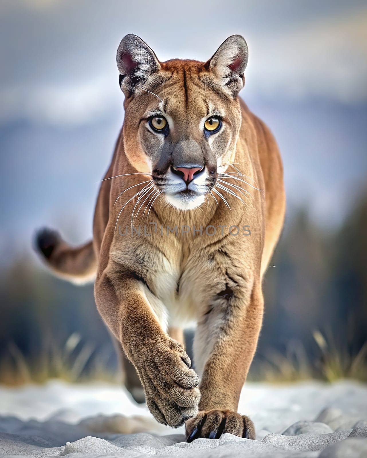 Panther in the forest. Wildlife scene from nature. Big cat.A cougar on the run. Wild animal concept.