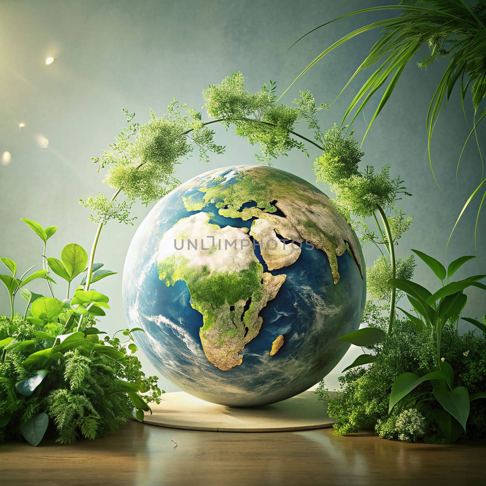 Ecology concept with planet earth and plants. Earth day.