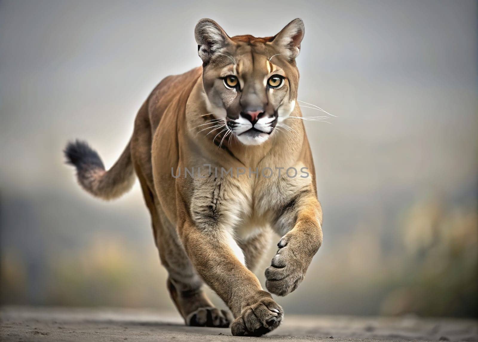 Panther in the forest. Wildlife scene from nature. Big cat.A cougar on the run. Wild animal concept.