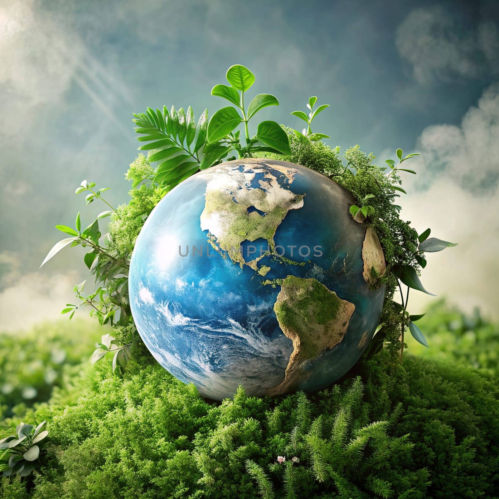 Ecology concept with planet earth and plants. Earth day.