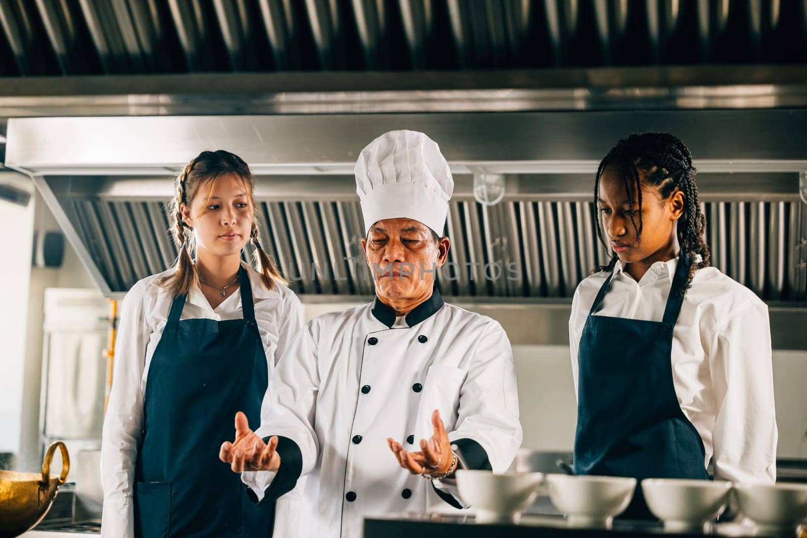 In a restaurant kitchen an Asian senior chef professionally teaches diverse students cooking. Emphasizing teamwork learning and note-taking in the workshop. Food Edocation by Sorapop