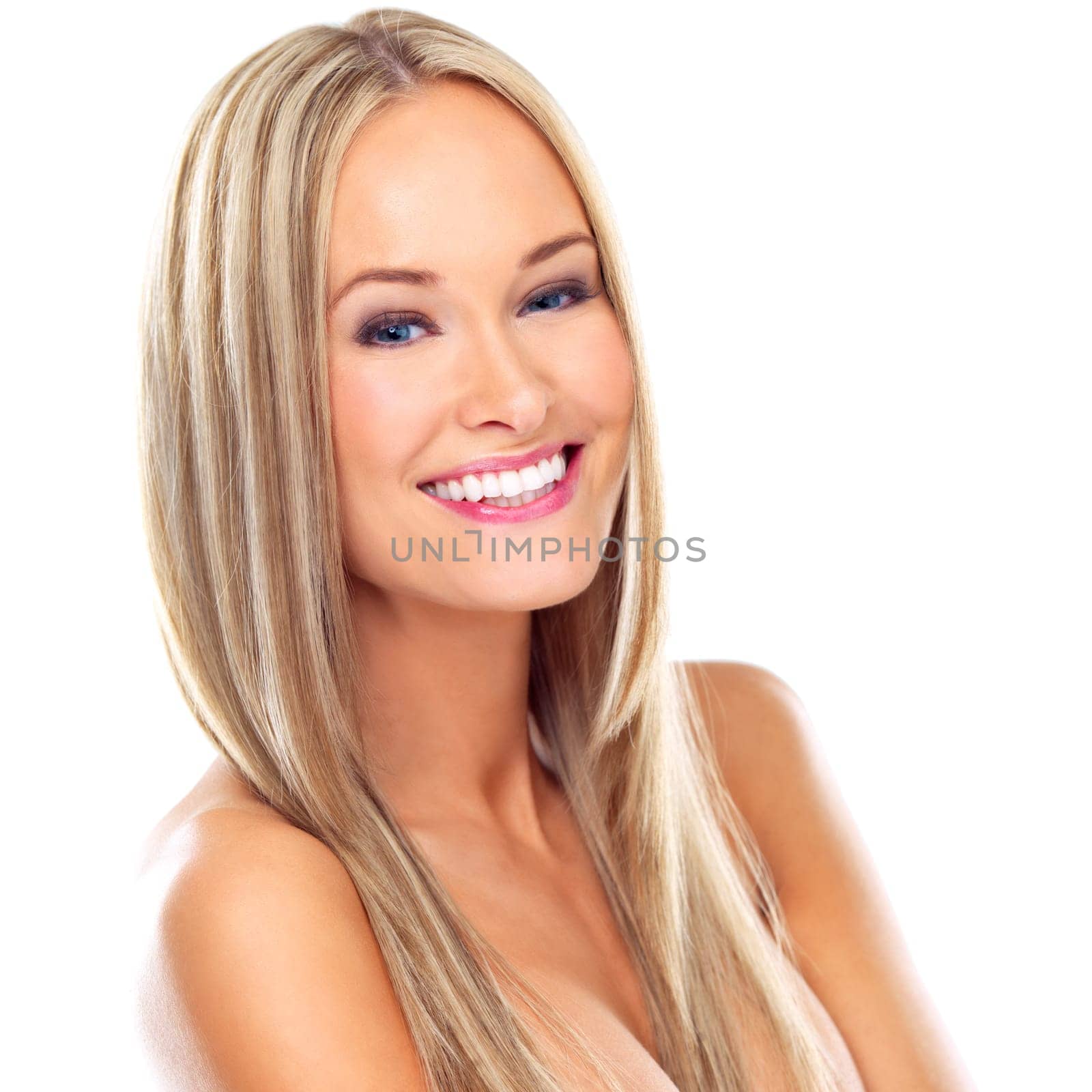 Portrait, hair care and happy woman with skincare, beauty or health isolated on a white studio background. Face, smile and hairstyle of blonde person in salon with makeup, cosmetics or hairdresser by YuriArcurs