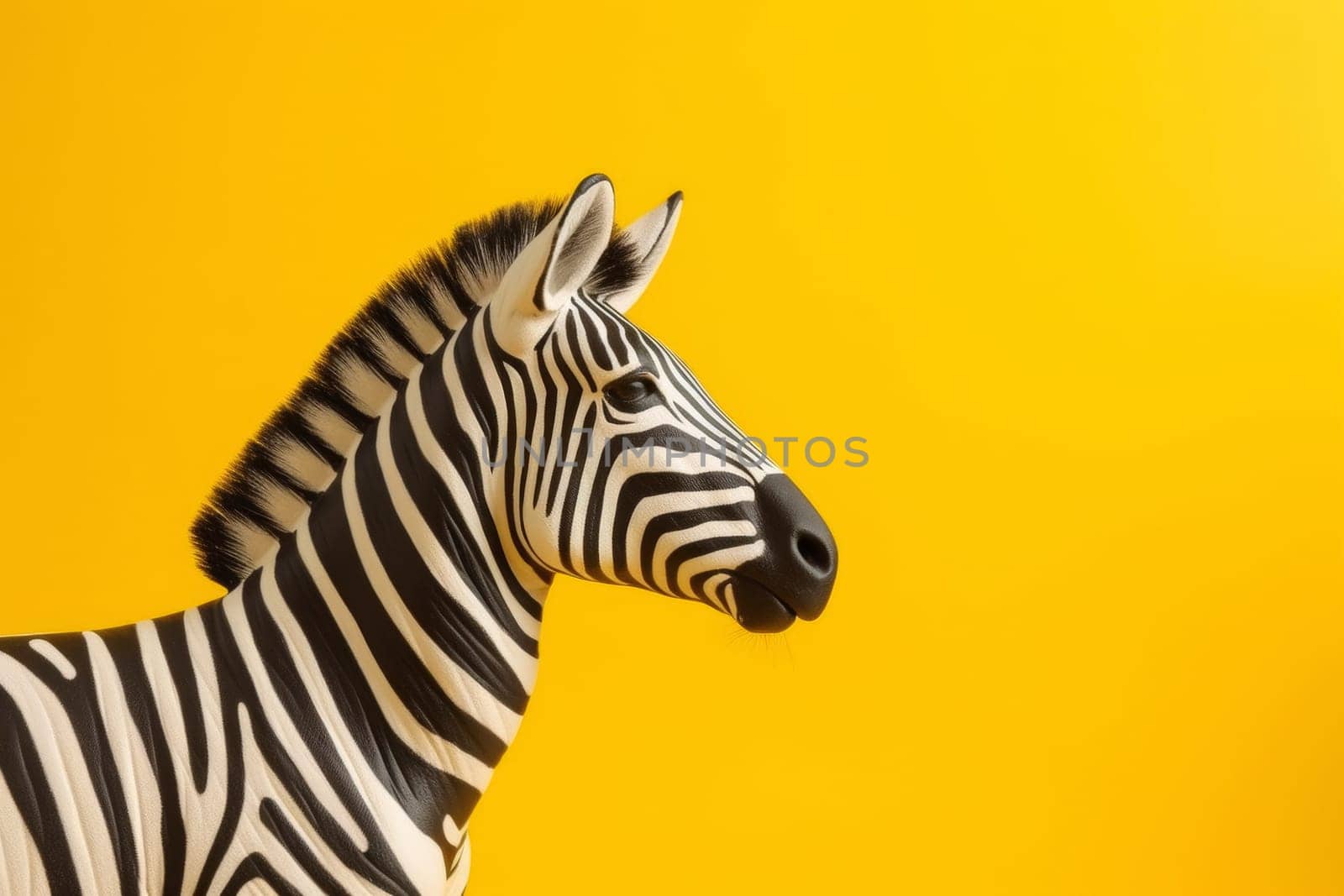 Close-up of a zebra against a vivid yellow backdrop.