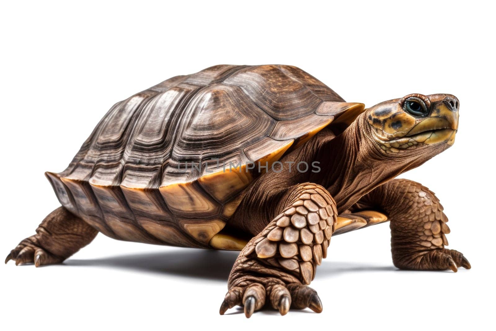 Sulcata tortoise on a white background. Close-up studio portrait. Wildlife and exotic pets concept. Design for educational material, poster, book illustration