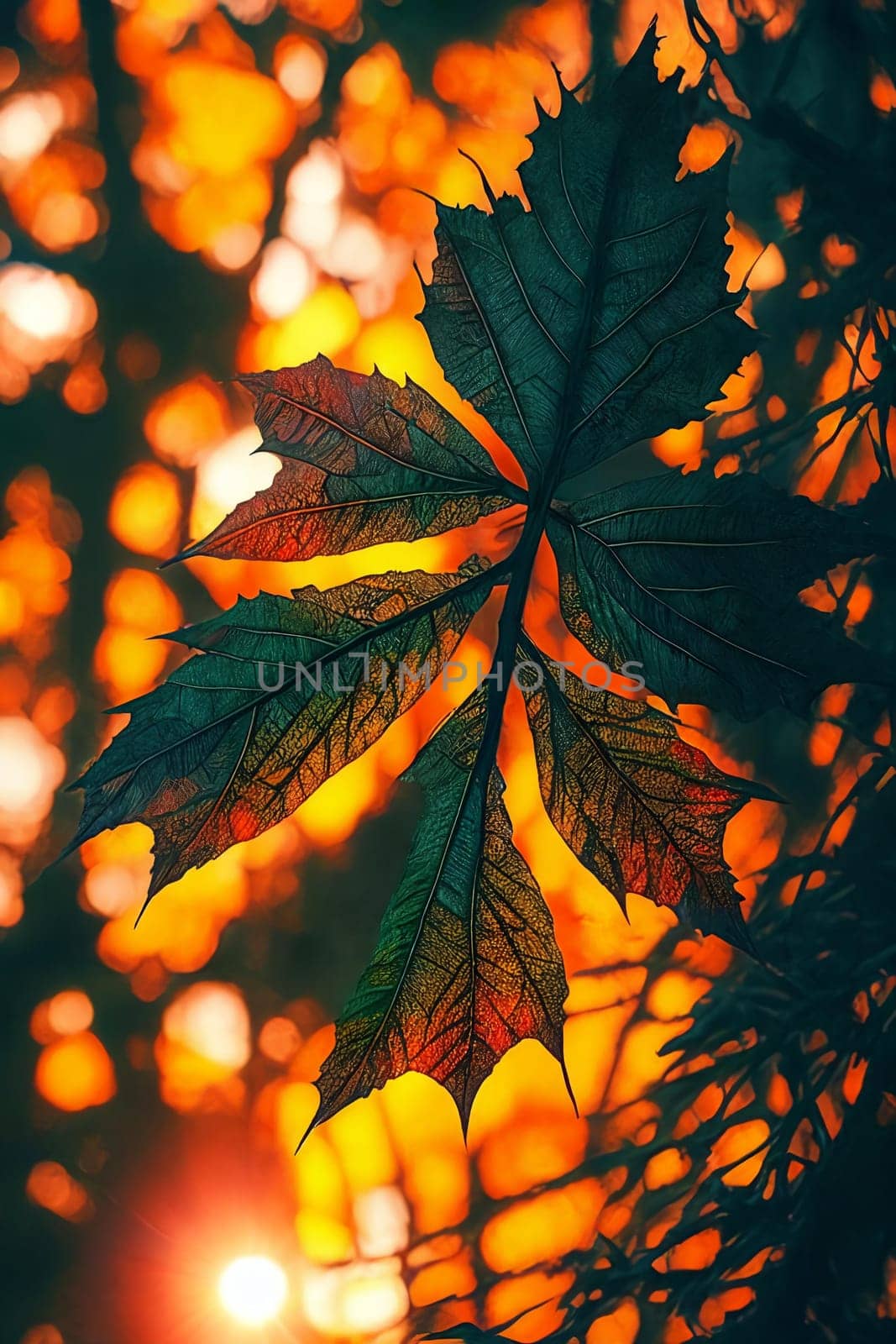 Forest Whispers. Single leaf in a dark forest as the setting sun filters through the canopy, highlighting the intricate veins and textures in a magical play of light and shadow.