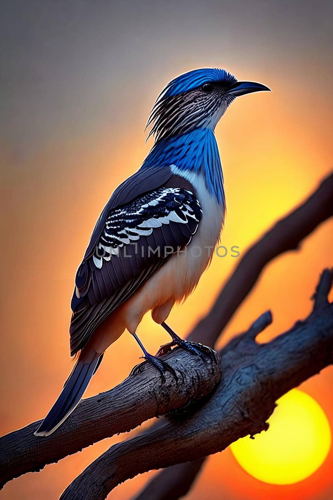 Avian Elegance. Bird perched on a branch against the setting sun, highlighting the intricate details of its feathers and the delicate play of light on its plumage in a stunning close-up shot.