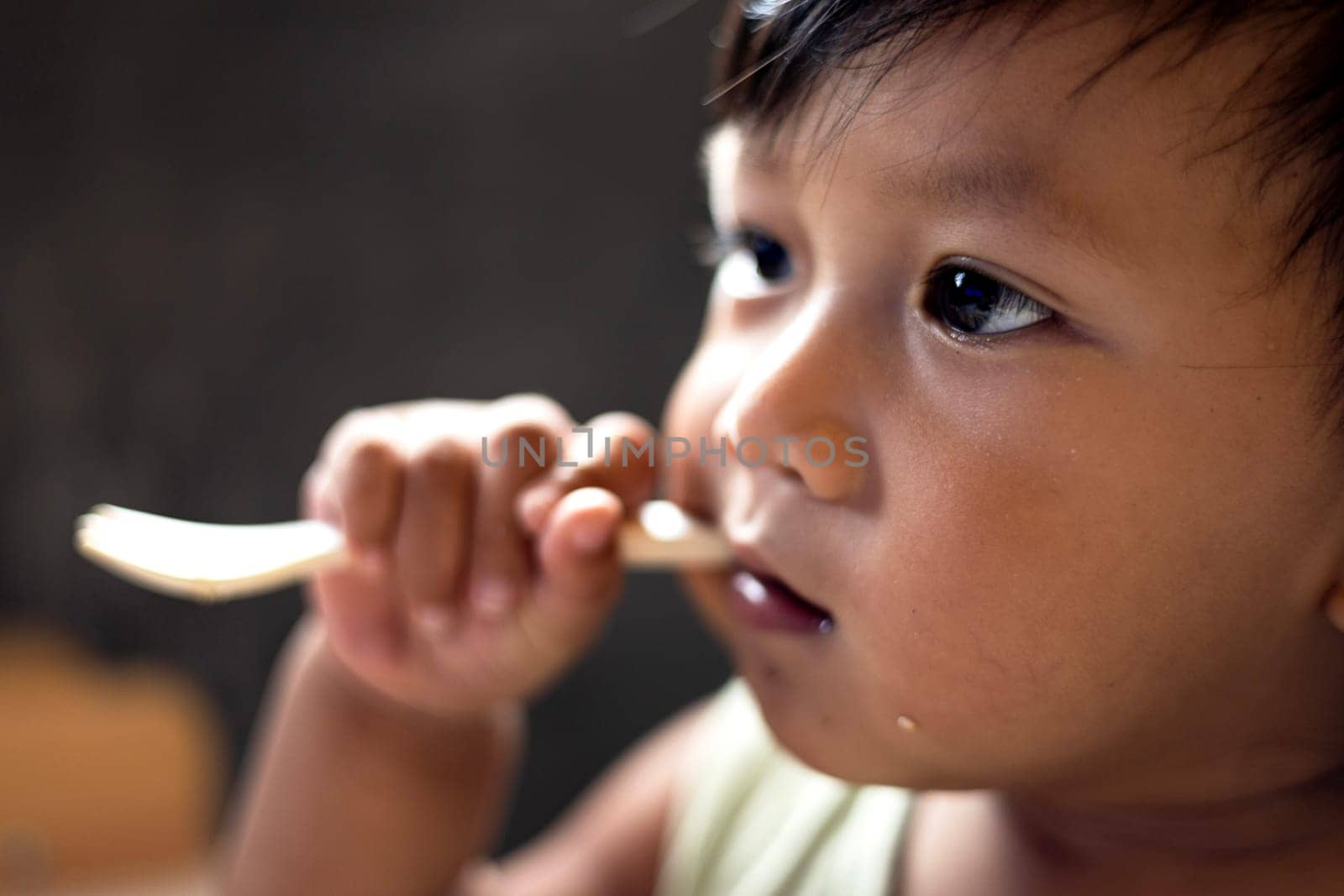 Little boy holds a fork in his mouth.  Little boy holds fork in his teeth.