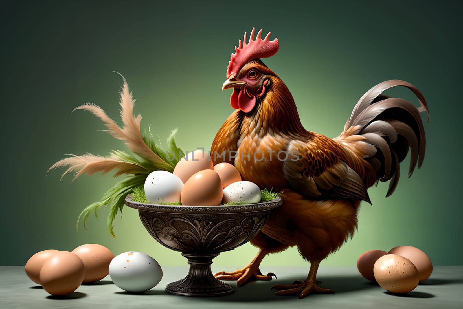 Homemade chicken with eggs. AI generated image.