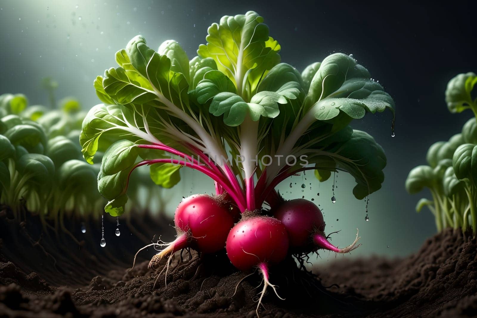 fresh ripe radish growing in the ground .