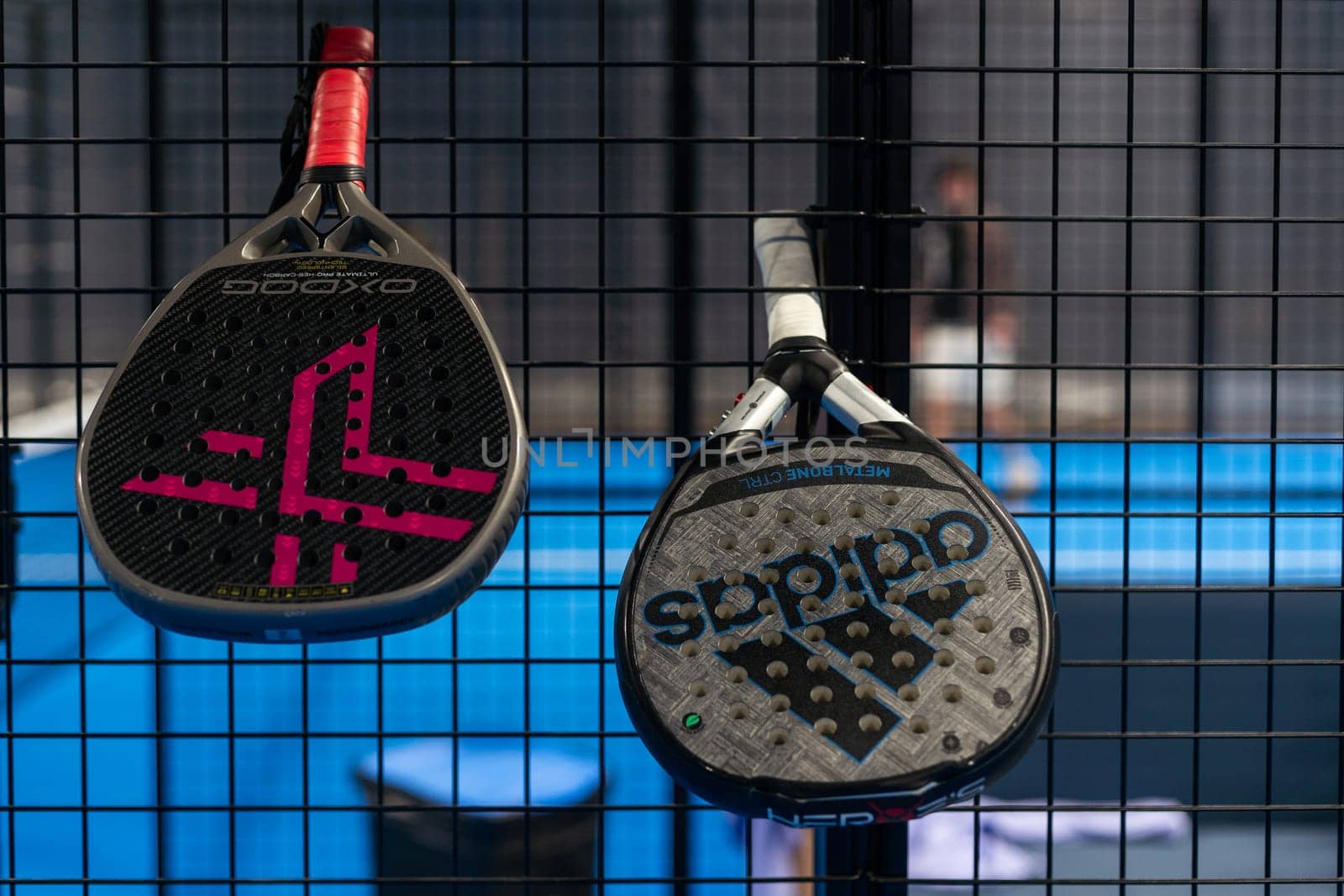 Kyiv, Ukraine. March 22, 2024, Paddle tennis rackets on the court. High quality photo