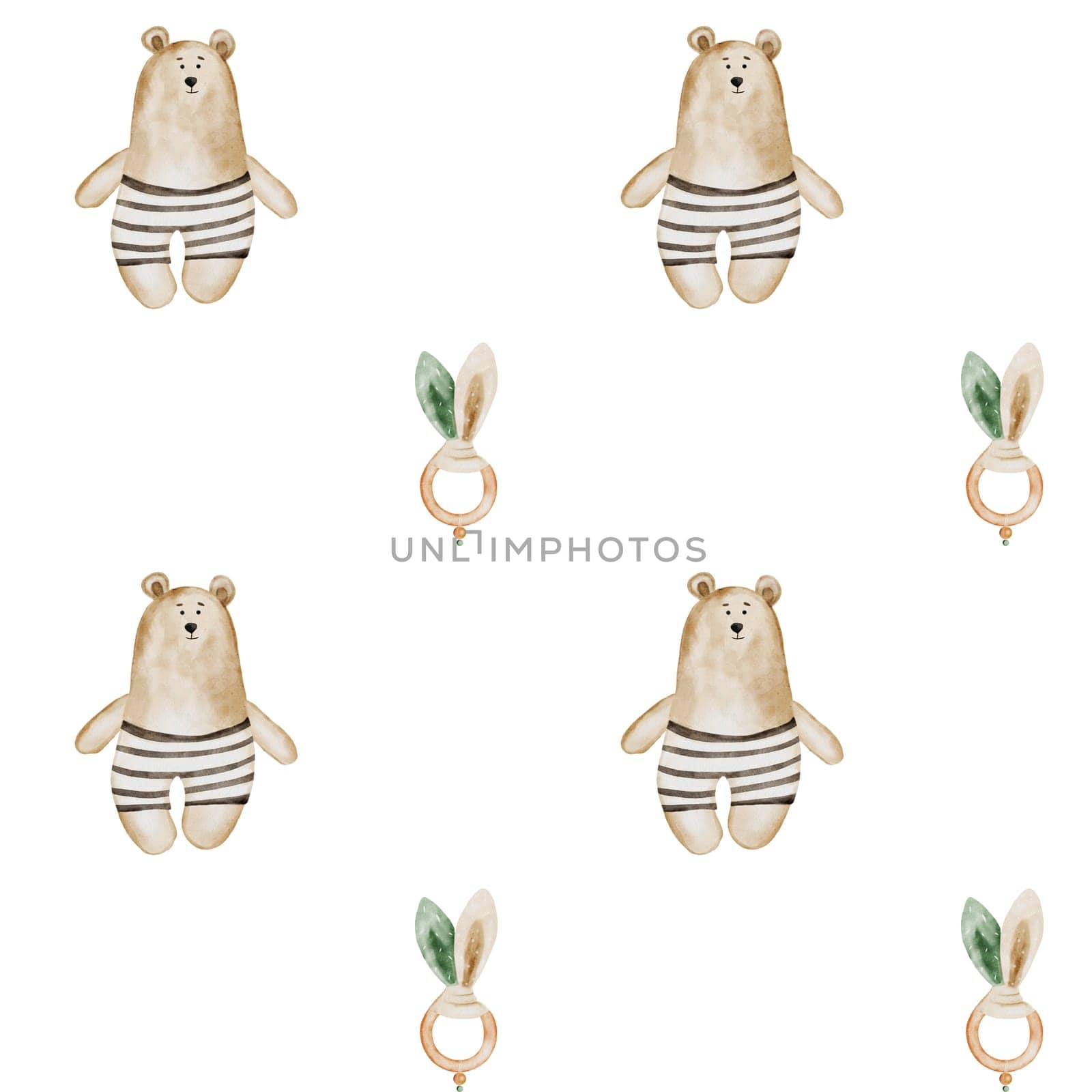 Kids toys. Seamless pattern with teddy bear and rattle. In pastel colors in Scandinavian style. Boho ornament for children's textiles and packaging paper for baby products. High quality illustration