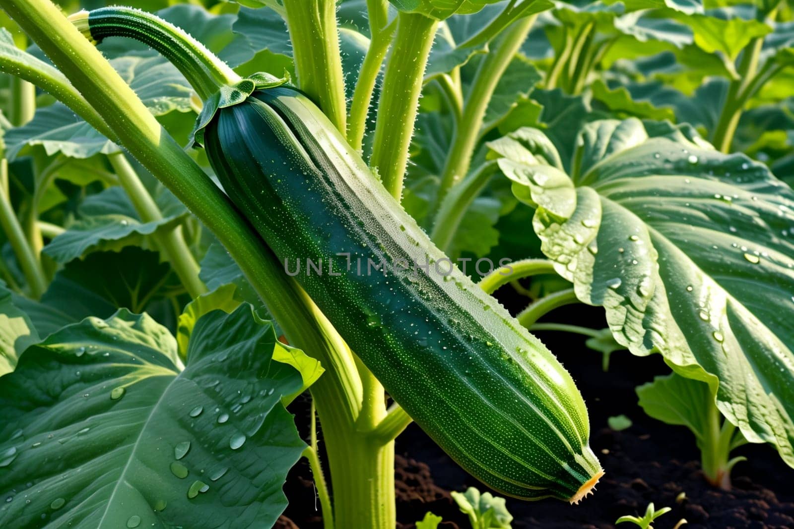 fresh green zucchini growing in the ground .