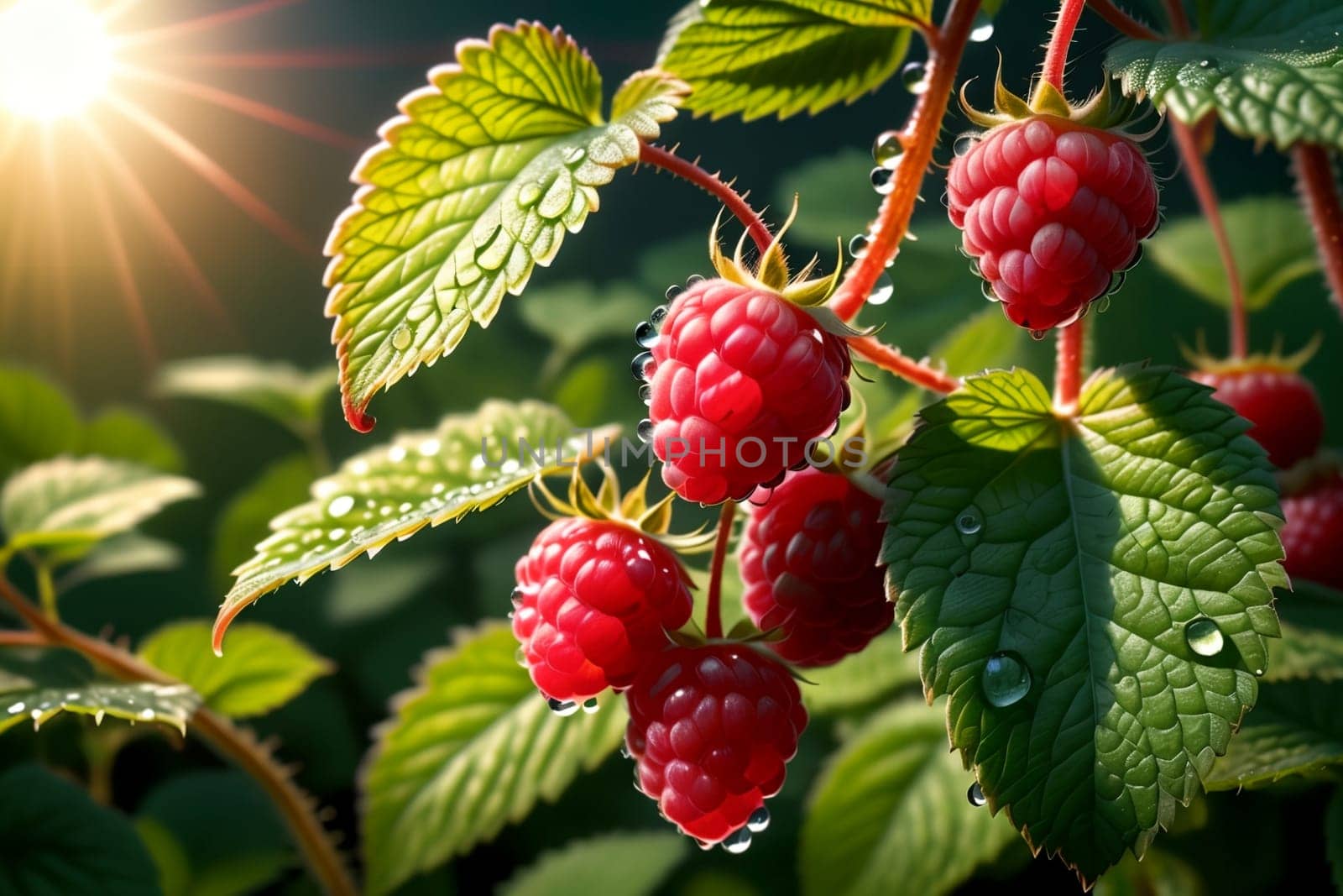 ripe red raspberries growing outdoors .