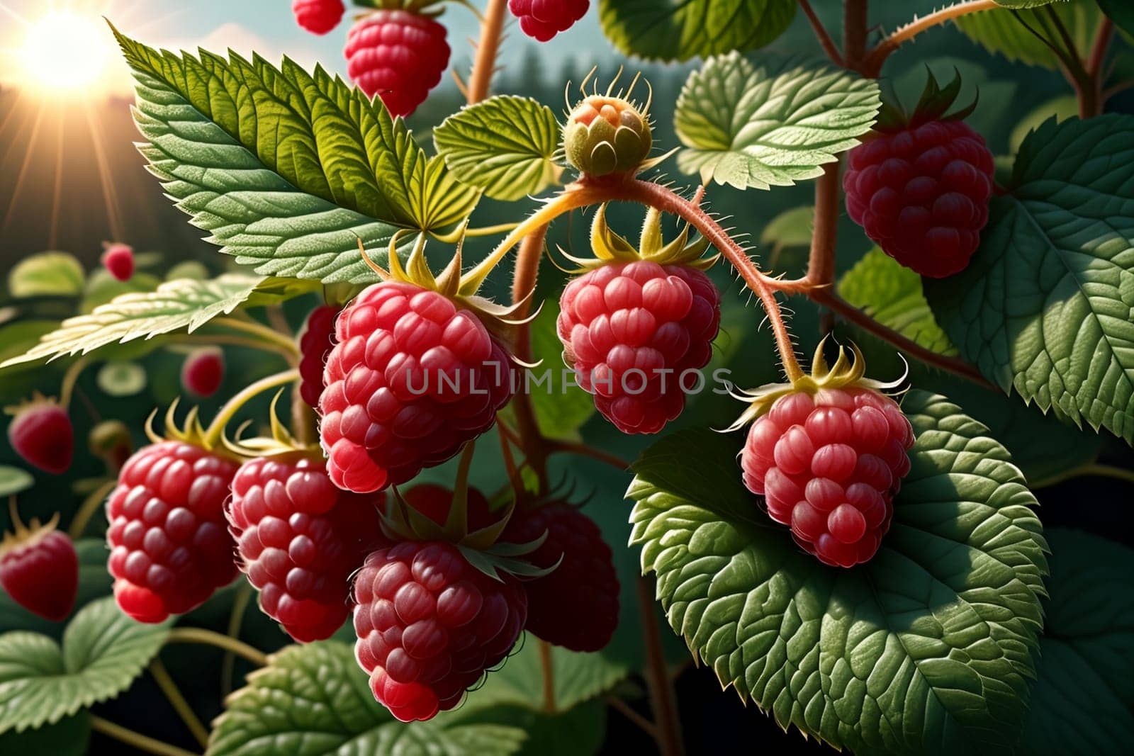 ripe red raspberries growing outdoors .