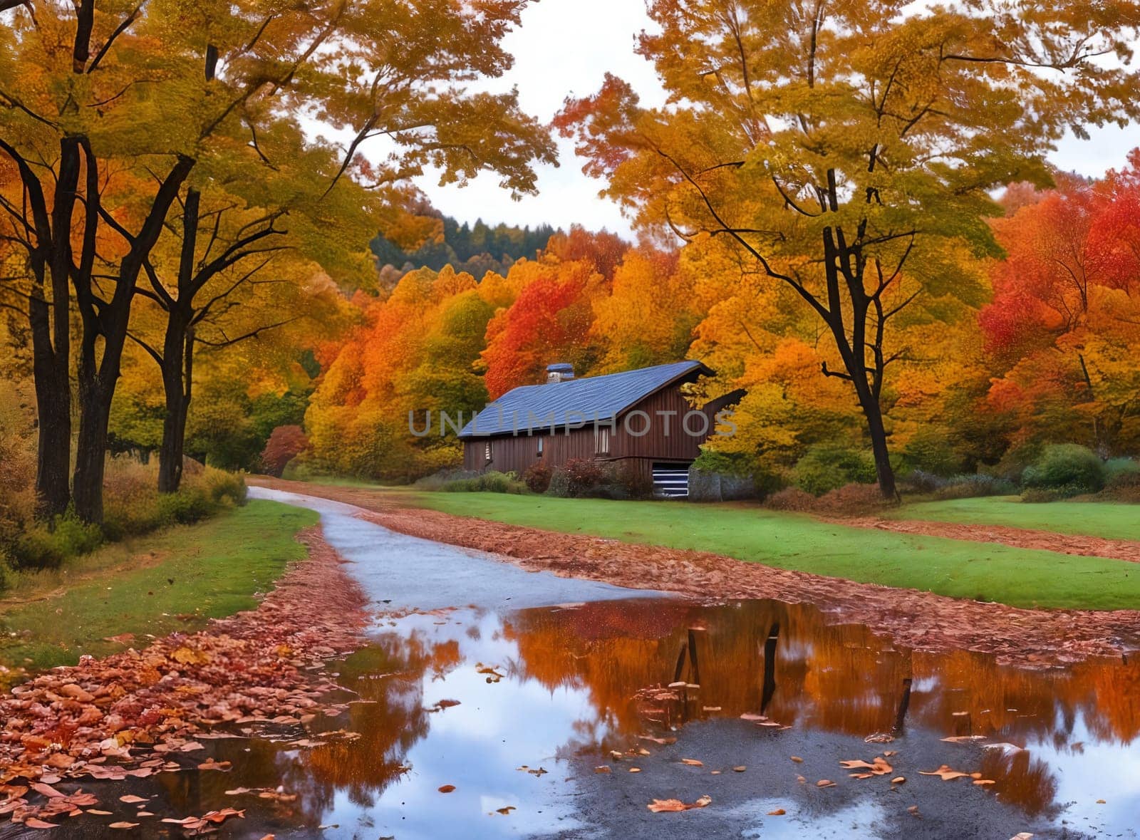 An inviting autumn scene, a cozy house by a tranquil lake, and a majestic trees. Generative AI.