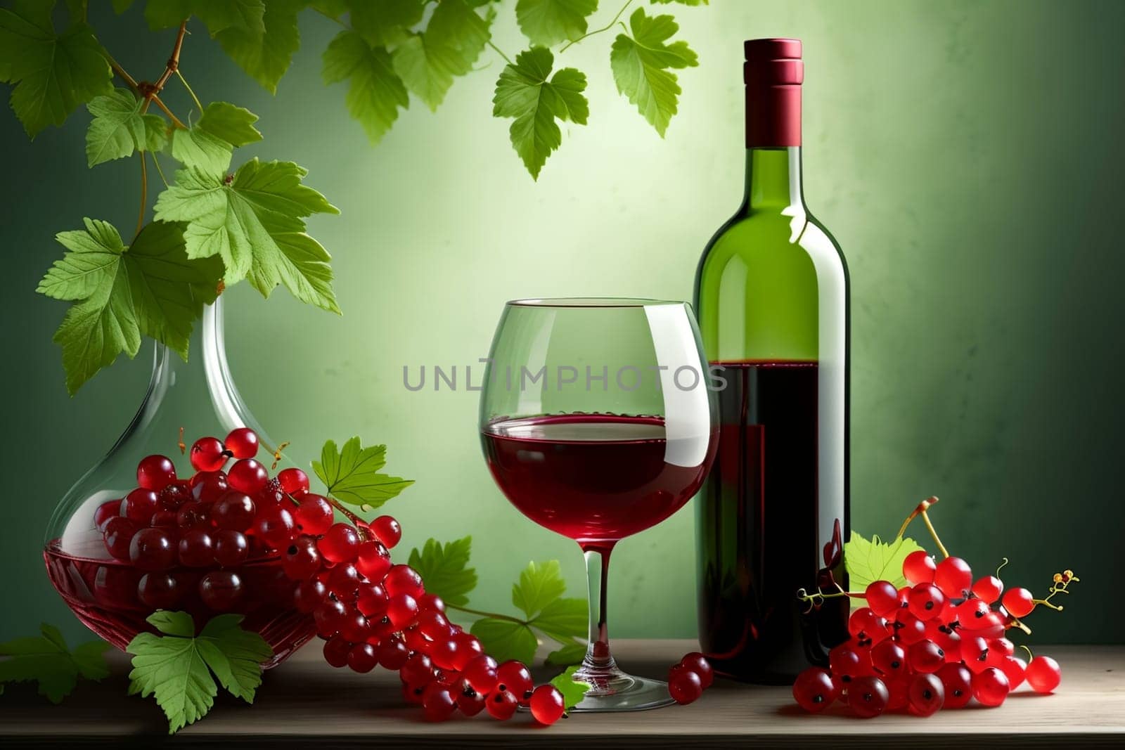 ripe red currant wine in a glass isolated on a green background .