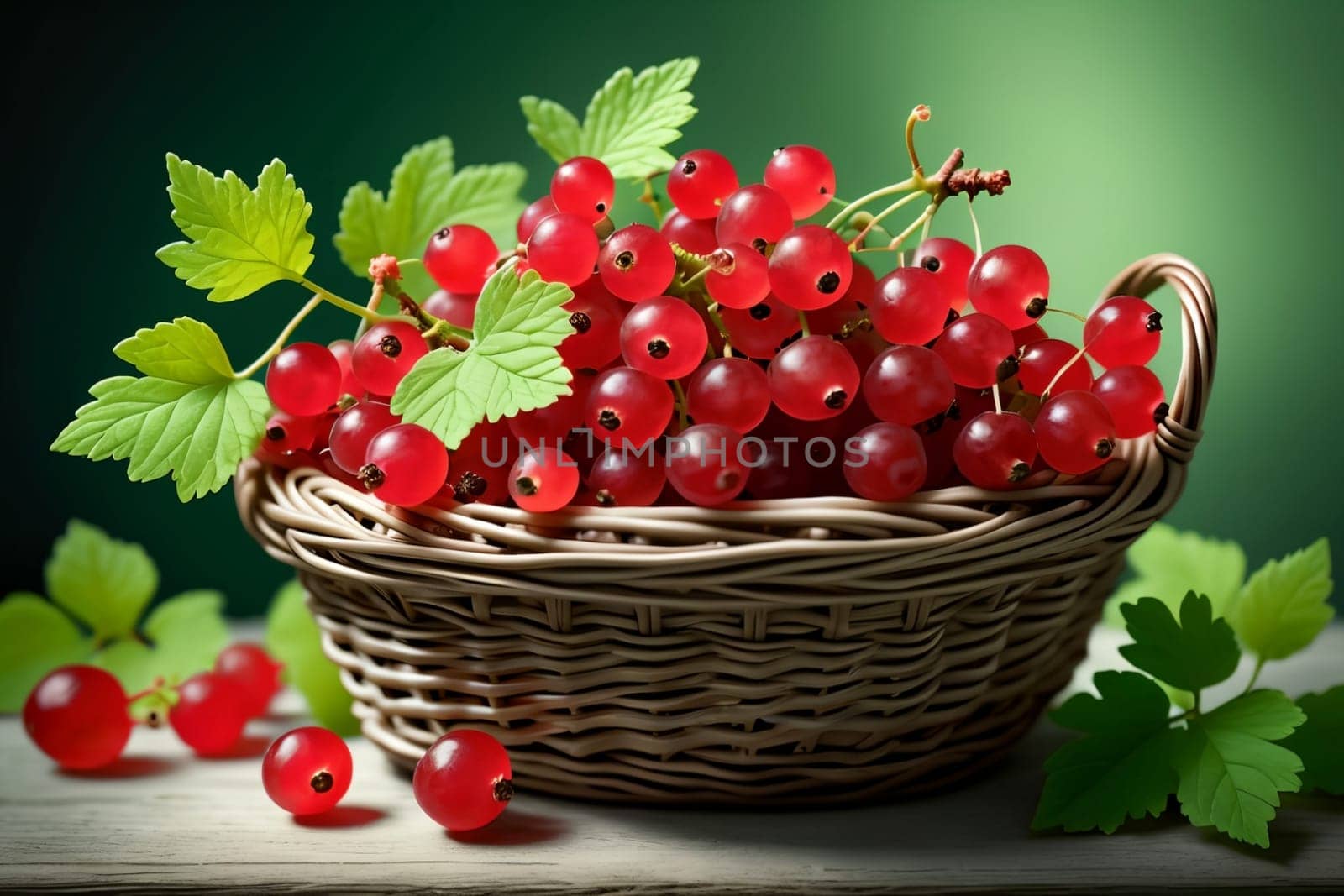 ripe red currants in a basket isolated on a green background .