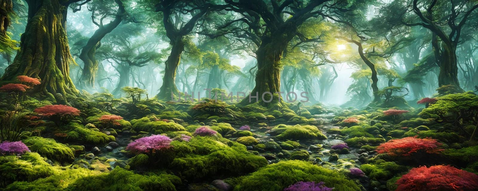 Enchanted forest. An otherworldly forest landscape with majestic ancient trees. Generative AI by GoodOlga