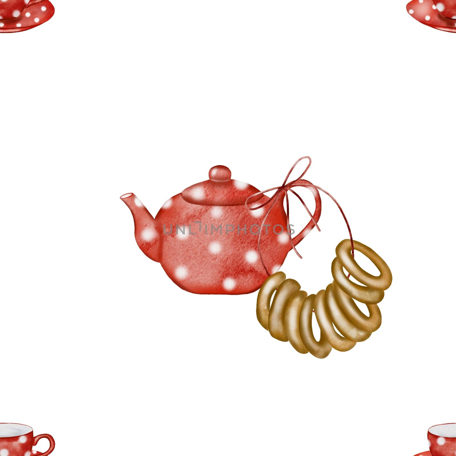 Pattern with a teapot and cups. Seamless pattern with bagels teapot and red cups with white polka dots. For home kitchen textiles and packaging for fresh baked goods stores. High quality illustration