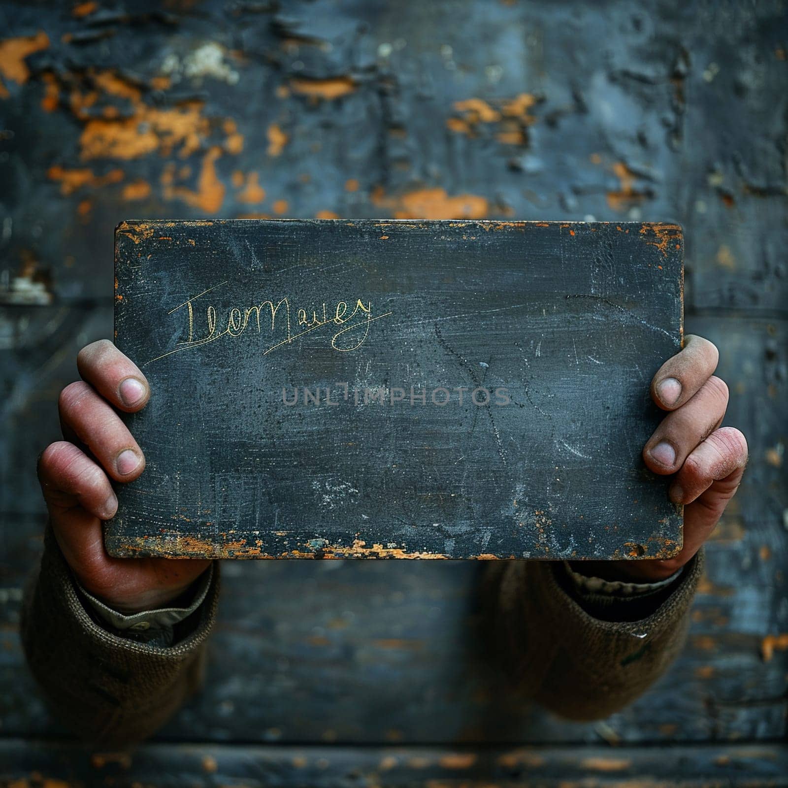 Hand holding a piece of chalk writing on a blackboard, depicting education and communication.