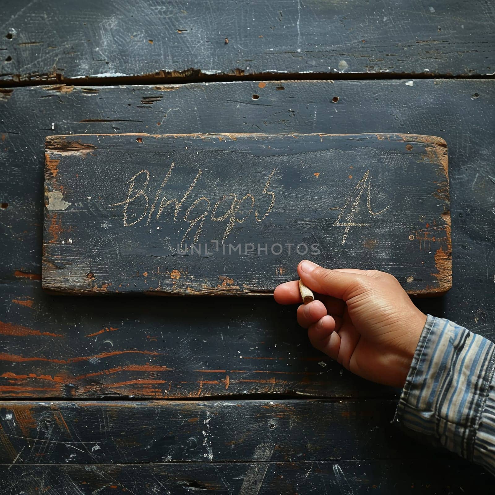 Hand holding a piece of chalk writing on a blackboard, depicting education and communication.