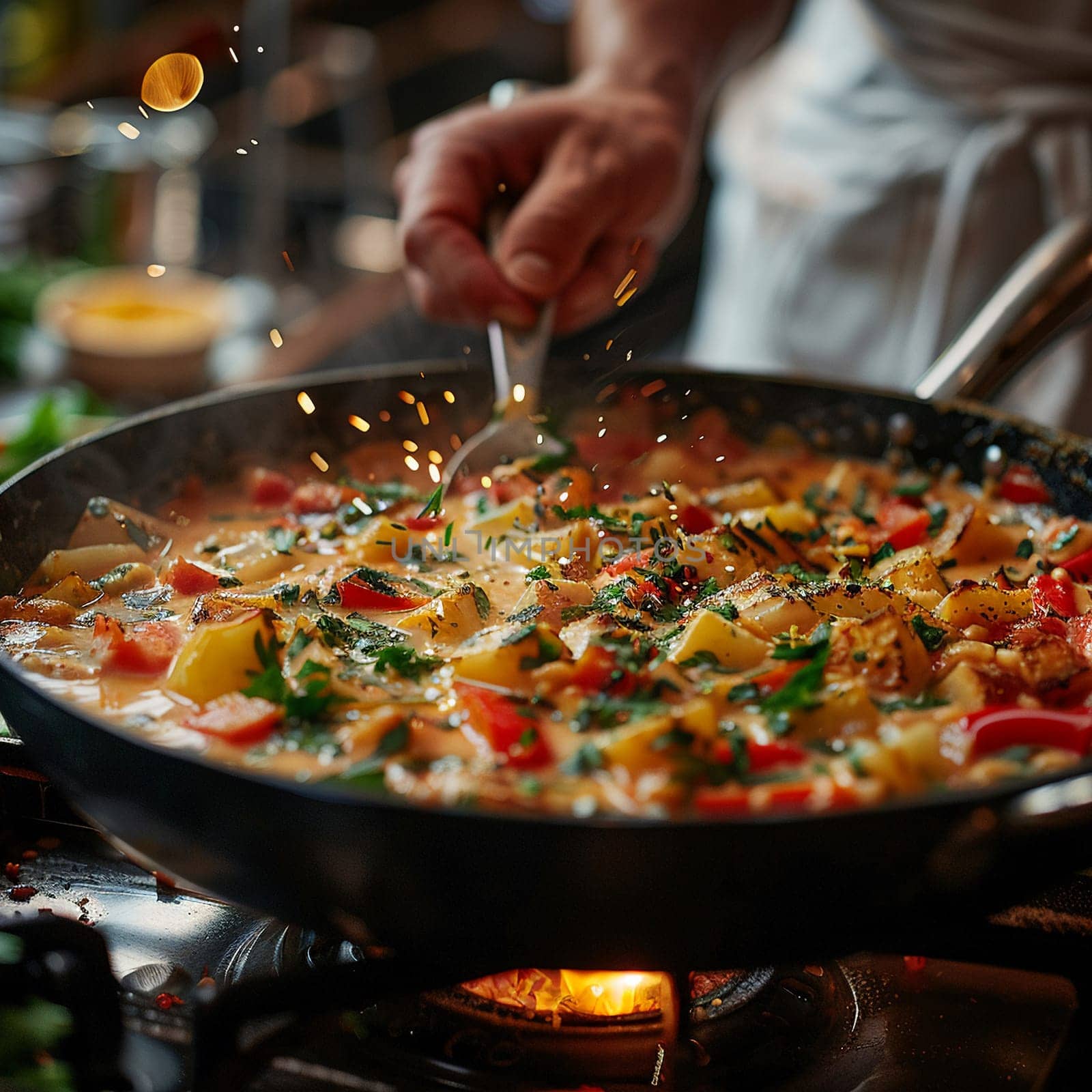 Hand stirring a pot of soup, evoking home cooking and family meals.