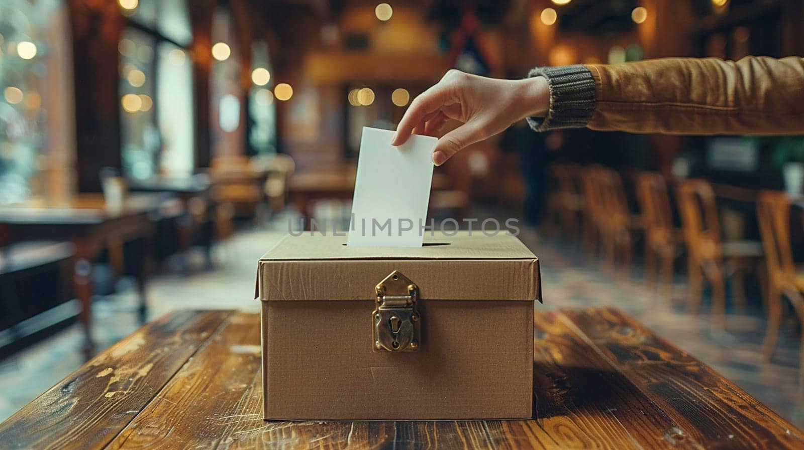 Close-up of a hand casting a vote in a ballot box, symbolizing democracy and civic duty.