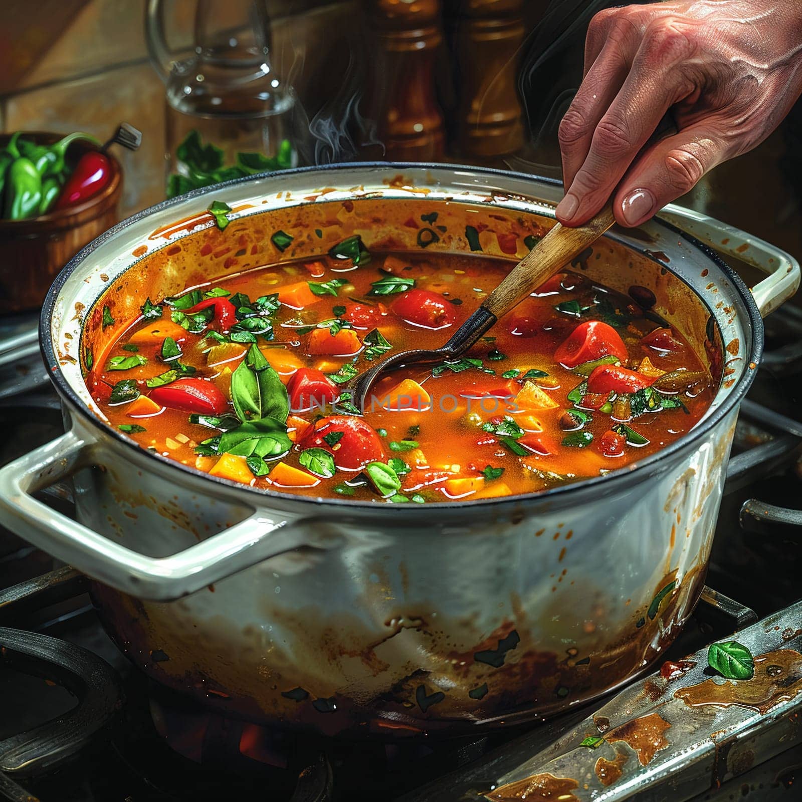 Hand stirring a pot of soup, evoking home cooking and family meals.