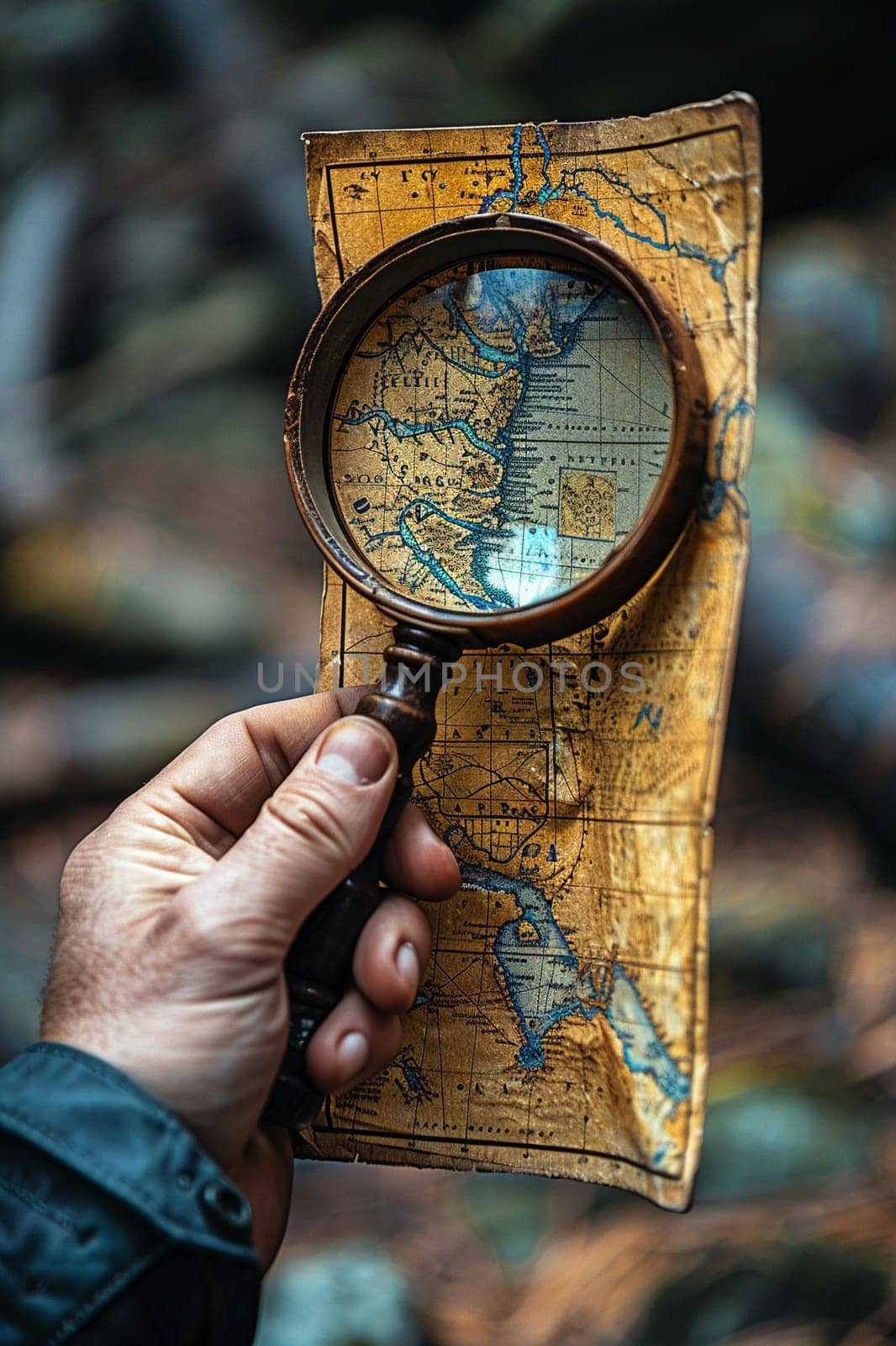 Hand holding a magnifying glass over a map, symbolizing exploration and discovery.