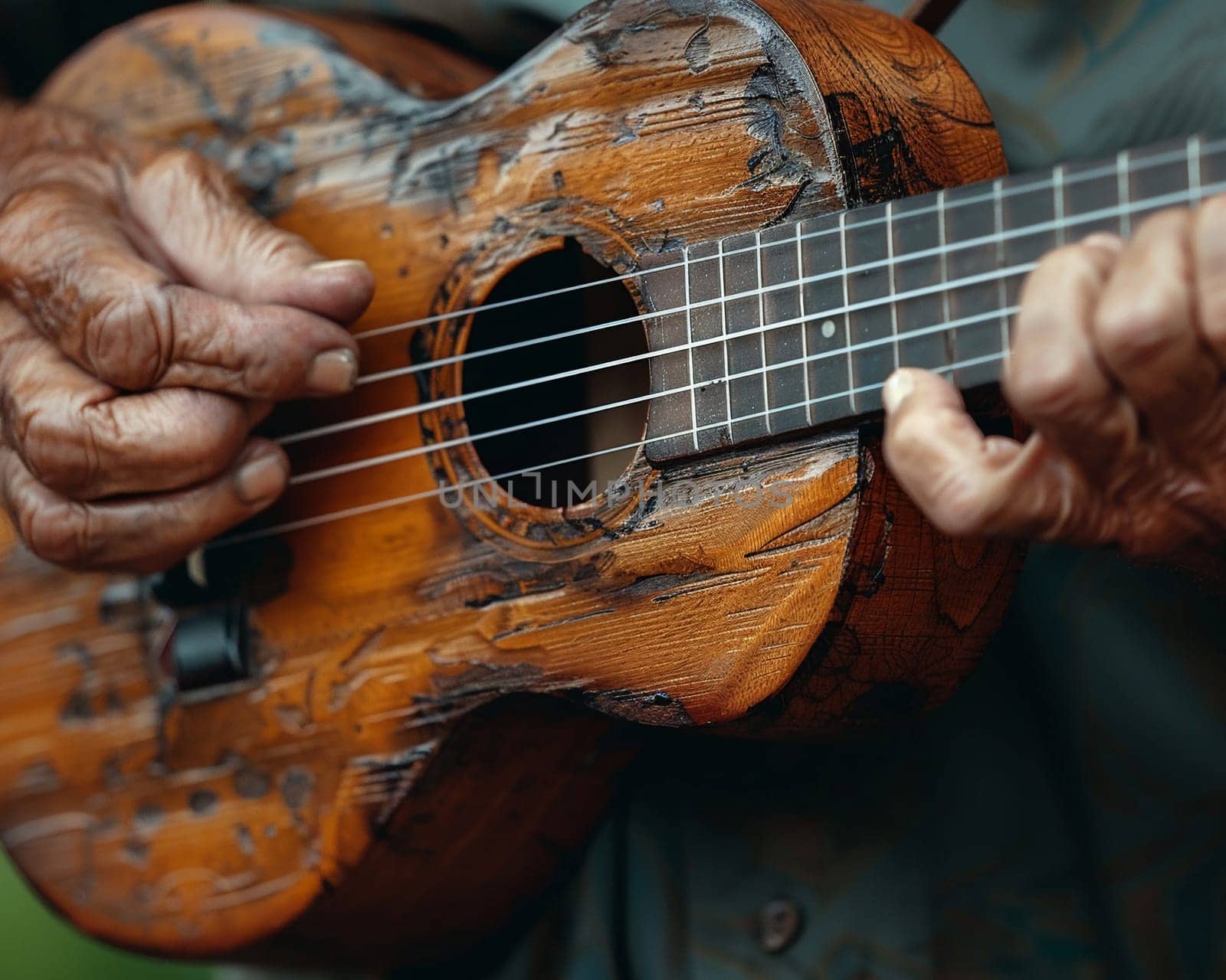 Close-up of a hand strumming a ukulele showcasing music by Benzoix