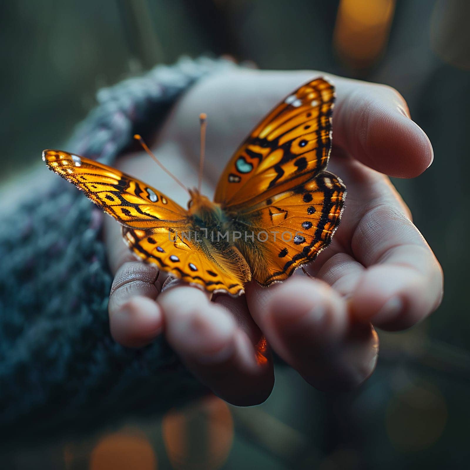 Hand holding a fragile butterfly, depicting delicacy, nature, and freedom.