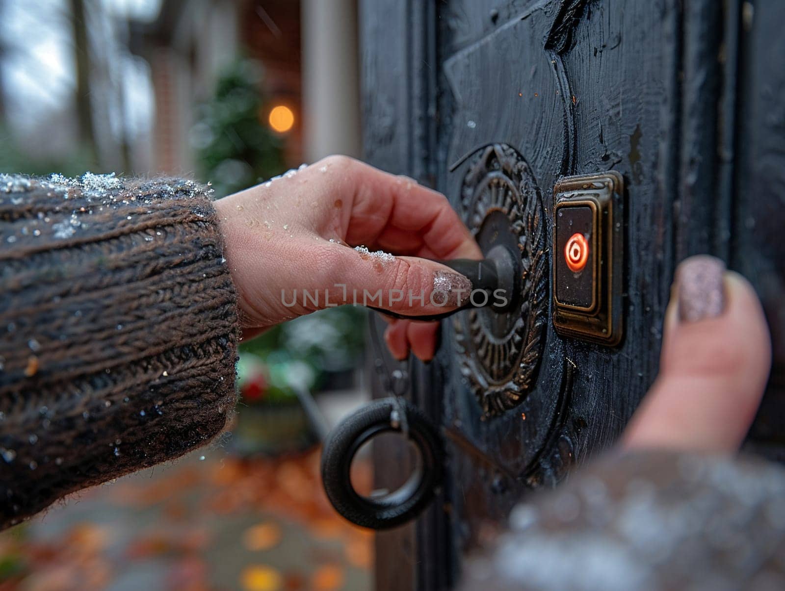 Fingers pressing a doorbell, evoking arrival, visitation, and home interactions.