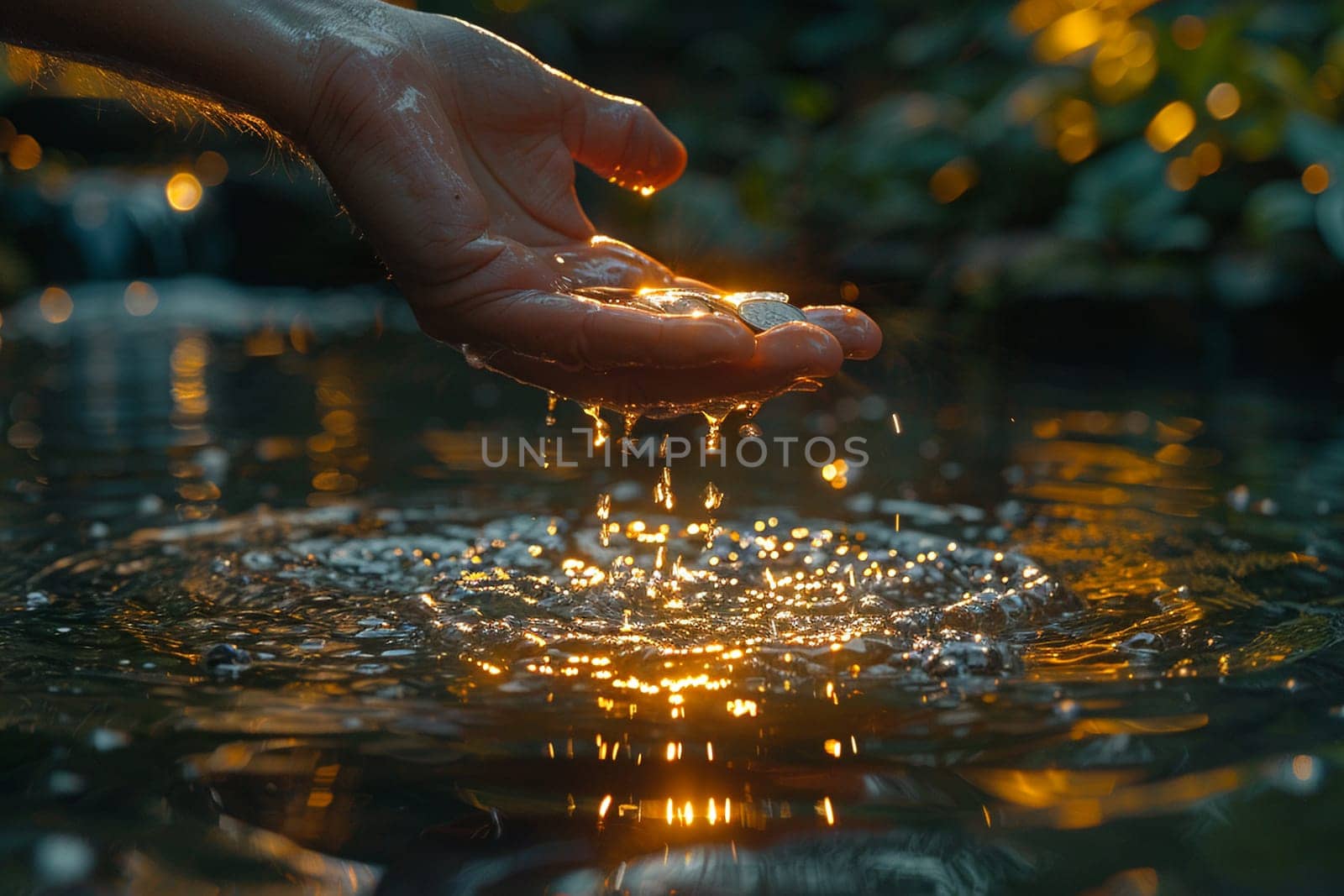 Hand tossing a coin into a fountain evoking wishes by Benzoix