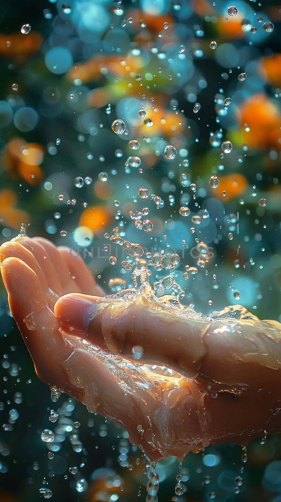 Hand reaching out to touch raindrops, depicting curiosity and interaction with nature.