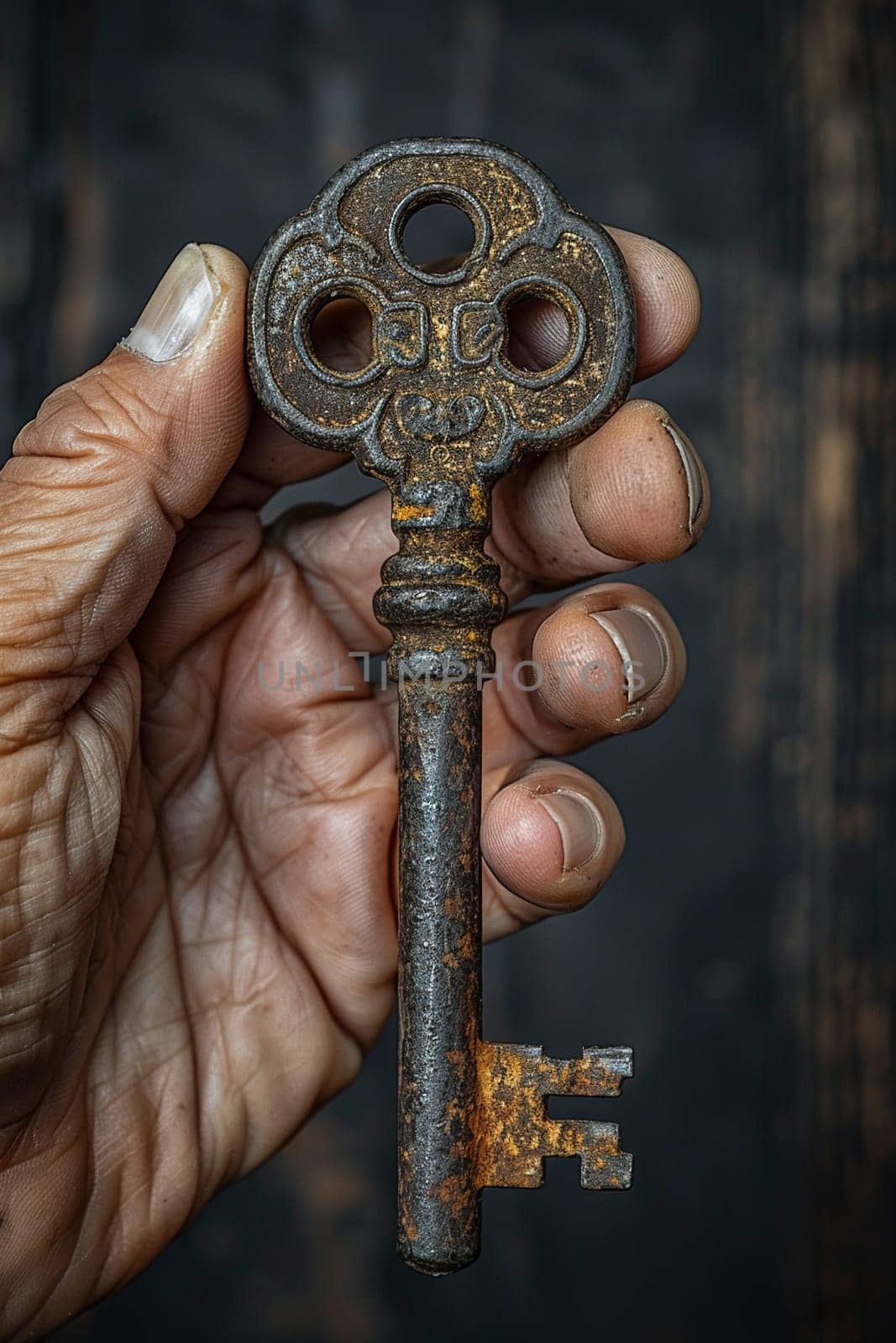 Hand holding a vintage key, representing access, security, and mystery.