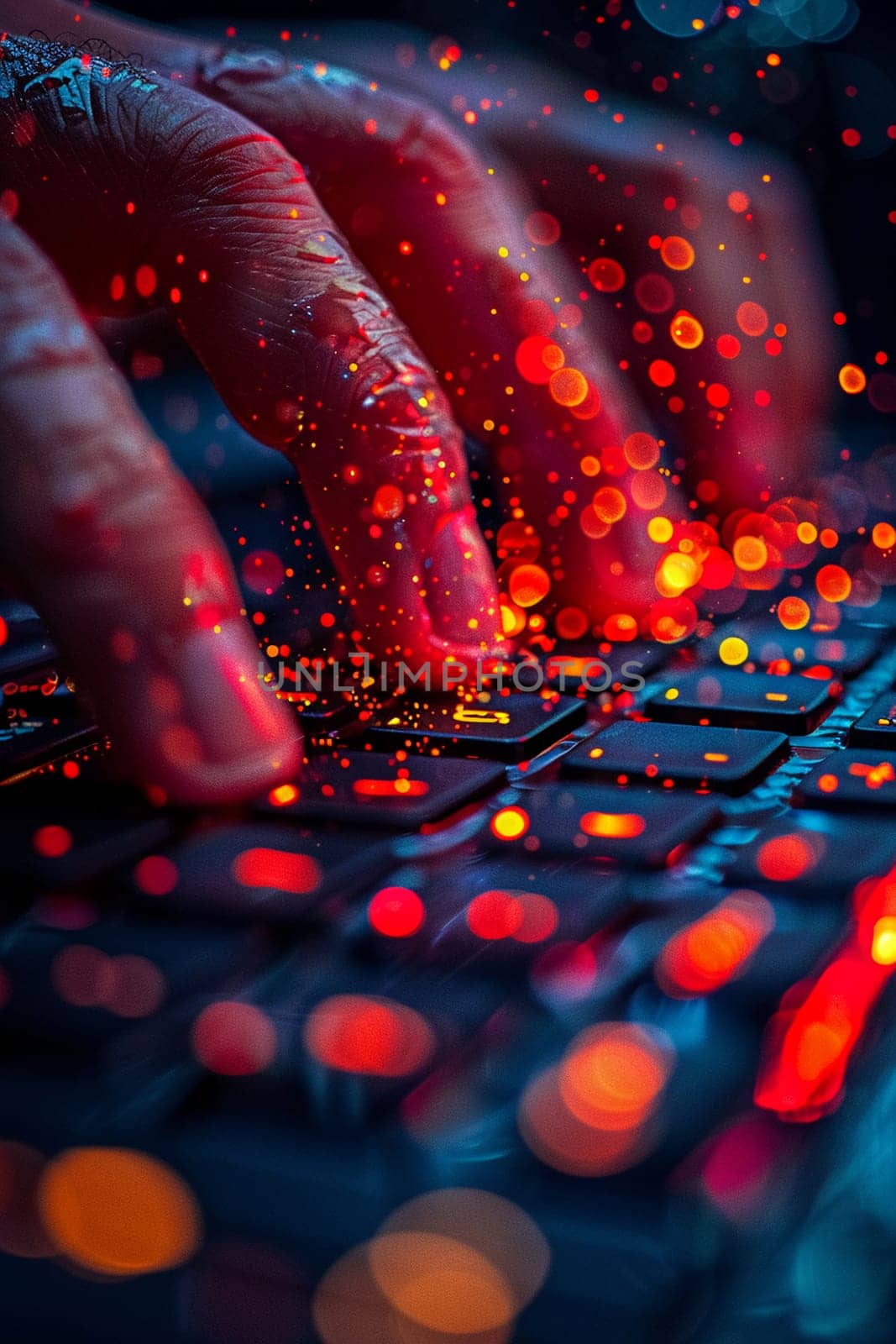 Macro shot of fingers on a laptop keyboard, depicting remote work and technology use.