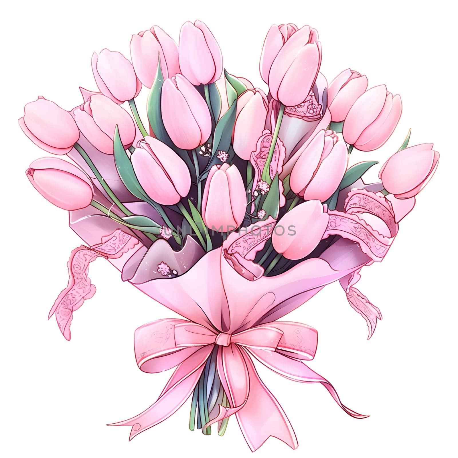 A beautiful arrangement of pink tulips with a matching bow, a lovely gesture by Nadtochiy